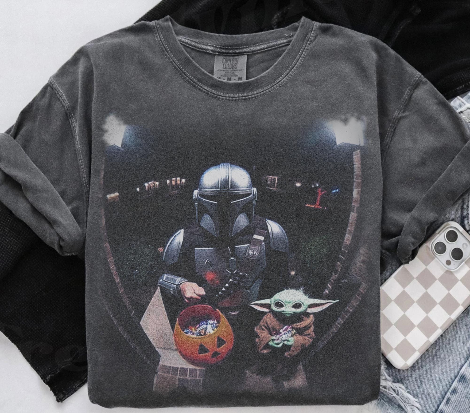 Vintage Star Wars Halloween Shirt, Mando & Baby Yoda Gildan Youth Tee, Disney Meme Graphic Tee, Hip Hop Trip Wear, Star Wars Gift