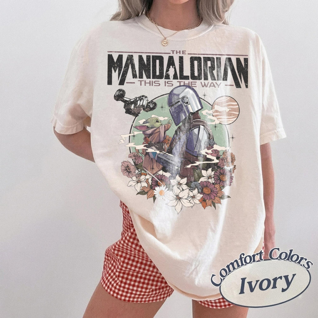 Vintage Mandalorian Grogu Shirt, This Is The Way Tee, Star Wars Floral Shirt, Galaxy’s Edge Disney Vacation Shirt, Dad Holiday Gift Tee