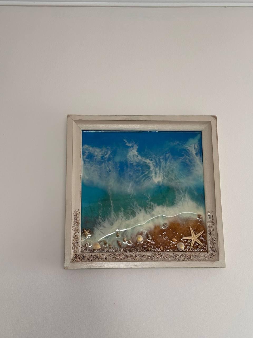 Framed 3D Ocean Wave Epoxy Resin Wall Art - Beach Seascape Painting with Real Sand & Shells - Coastal Home Decor, Unique Ocean Lover Gift