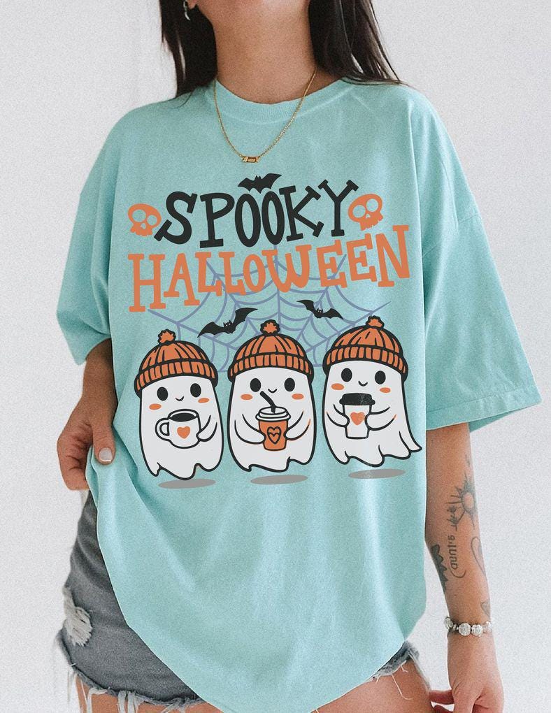 Vintage Spooky Halloween Ghost Shirt, Cute Fall Coffee Ghost Tee, Cozy Pumpkin Beanie Shirt, Trendy Halloween Graphic Tee for Women 2026