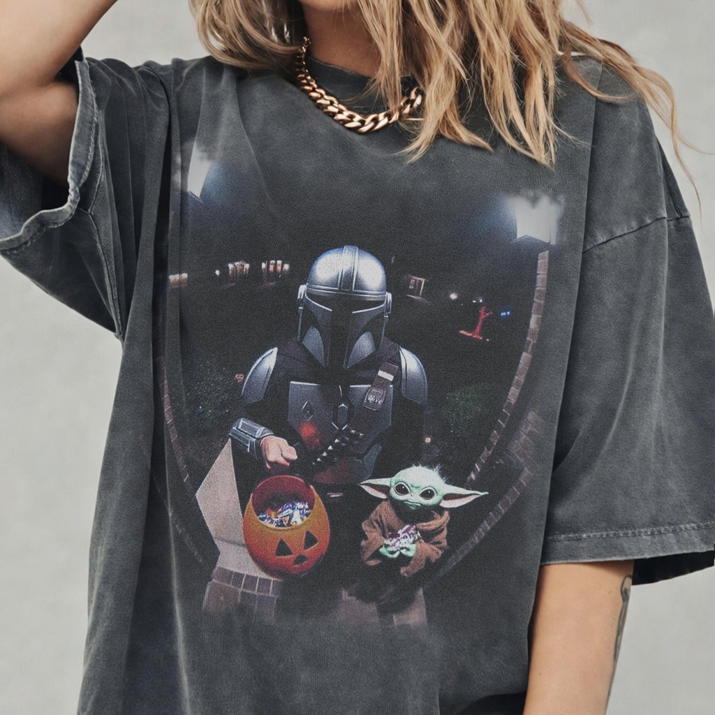Vintage Star Wars Halloween Shirt, Mando & Baby Yoda Gildan Youth Tee, Disney Meme Graphic Tee, Hip Hop Trip Wear, Star Wars Gift