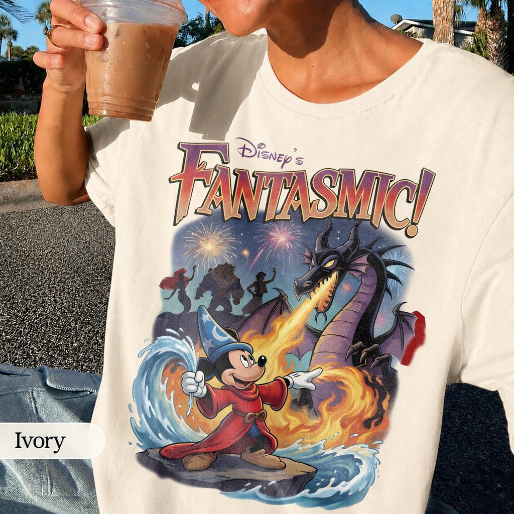 Retro Fantasmic Sorcerer Mickey Fighting Dragon Scene Shirt, Walt Disney Fantasia Villain Shirt, Classic Wizard Disneyland Family Trip Shirt