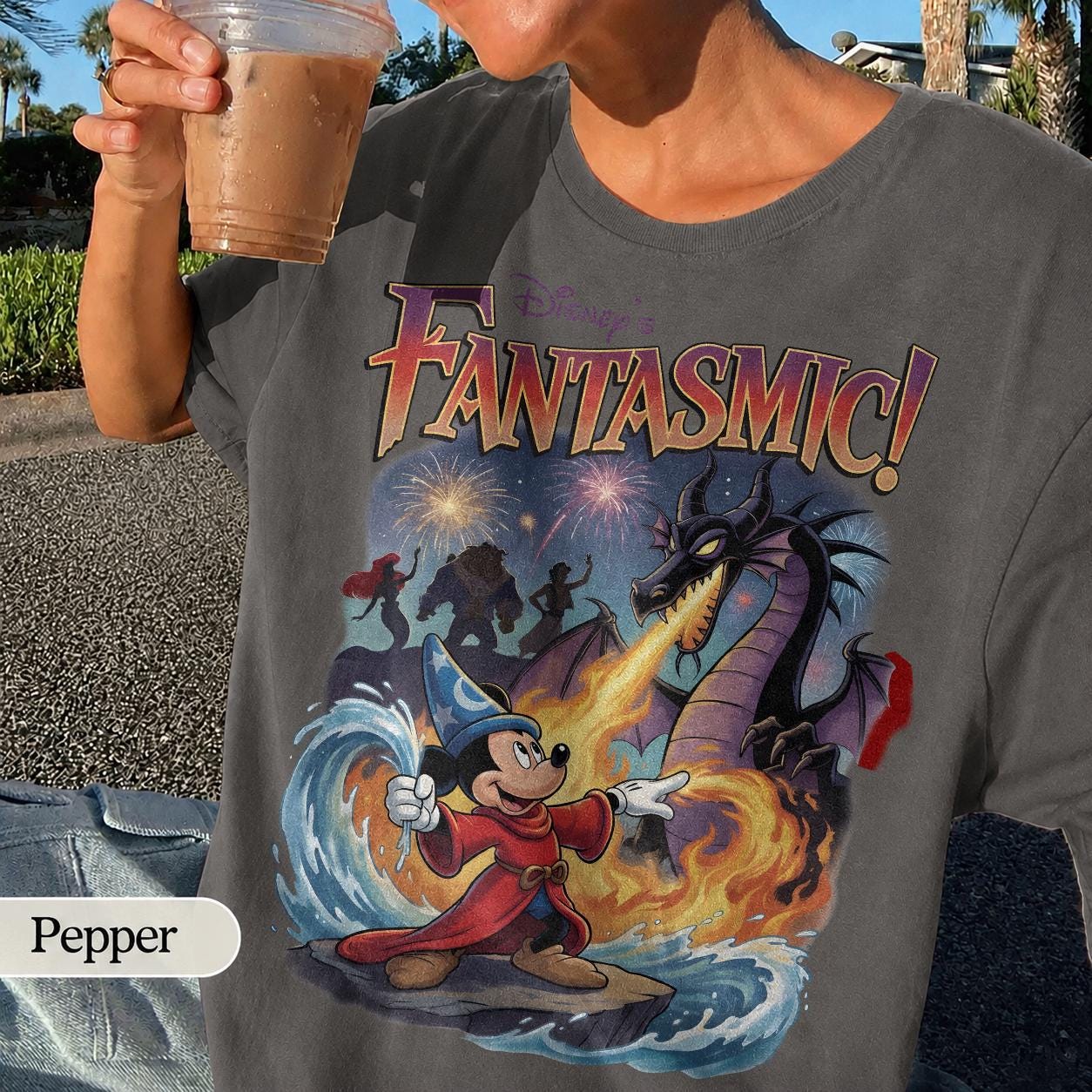 Retro Fantasmic Sorcerer Mickey Fighting Dragon Scene Shirt, Walt Disney Fantasia Villain Shirt, Classic Wizard Disneyland Family Trip Shirt
