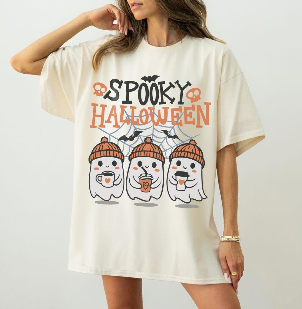 Vintage Spooky Halloween Ghost Shirt, Cute Fall Coffee Ghost Tee, Cozy Pumpkin Beanie Shirt, Trendy Halloween Graphic Tee for Women 2026