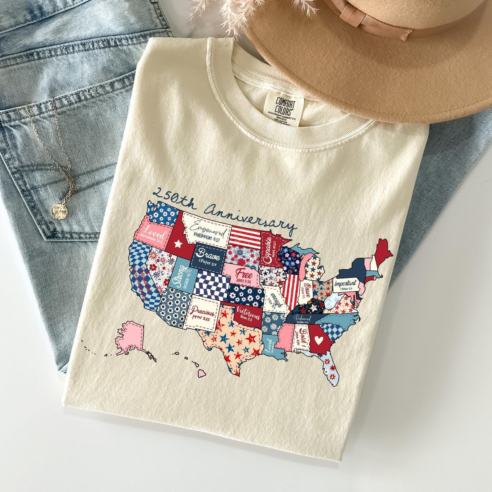 250th America Anniversary Shirt, US 250 Years Comfort Colors® T-shirt, Semiquincentennial 4th of July Gifts, Patriotic Patchwork USA Map Tee