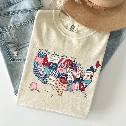 250th America Anniversary Shirt, US 250 Years Comfort Colors® T-shirt, Semiquincentennial 4th of July Gifts, Patriotic Patchwork USA Map Tee