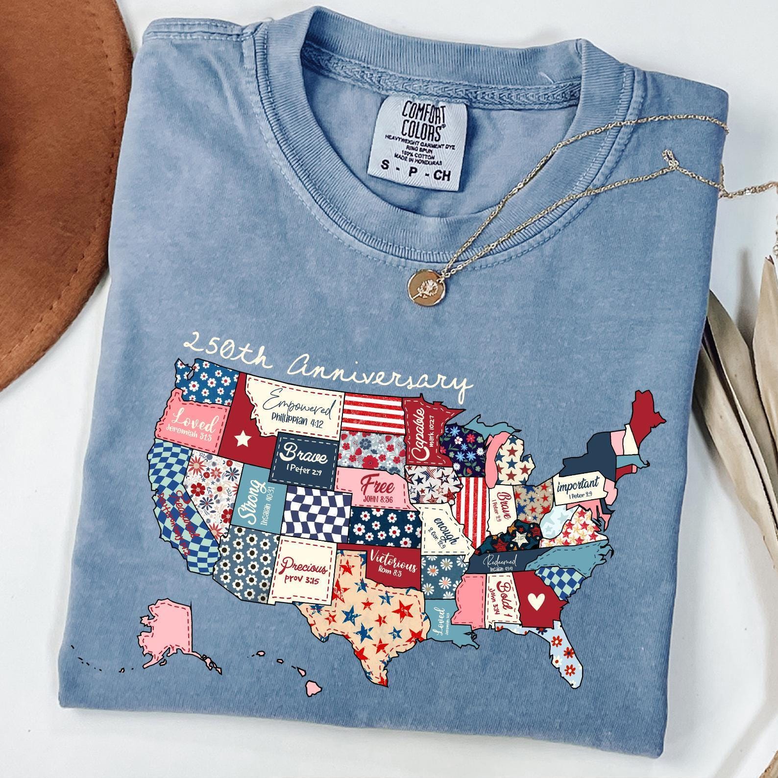 250th America Anniversary Shirt, US 250 Years Comfort Colors® T-shirt, Semiquincentennial 4th of July Gifts, Patriotic Patchwork USA Map Tee