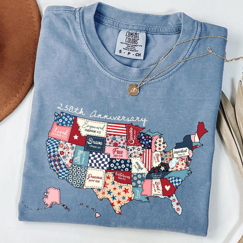 250th America Anniversary Shirt, US 250 Years Comfort Colors® T-shirt, Semiquincentennial 4th of July Gifts, Patriotic Patchwork USA Map Tee