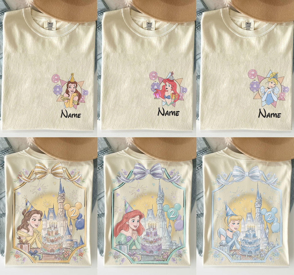2 Side Personalized Name Age Disney Princess Birthday Shirt, Custom Tiana Ariel Elsa Rapunzel Belle Birthday Present Gift,Disney Family Trip