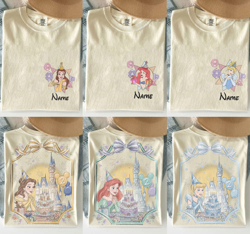 2 Side Personalized Name Age Disney Princess Birthday Shirt, Custom Tiana Ariel Elsa Rapunzel Belle Birthday Present Gift,Disney Family Trip